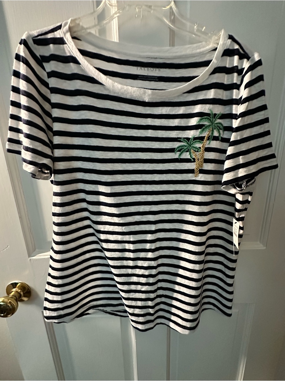 Talbots Navy and White Striped Tee with Chain Accent